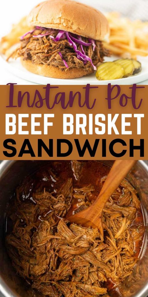 Instant Pot Beef Brisket Sandwich comes together for a quick and easy meal when you use the pressure cooker. The meat is so tender. #eatingonadime #instantpotrecipes #beefrecipes #brisketrecipes #pressurecookerrecipes 
