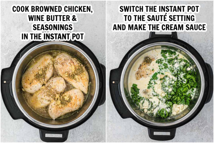 The process of making chicken florentine in the instant pot