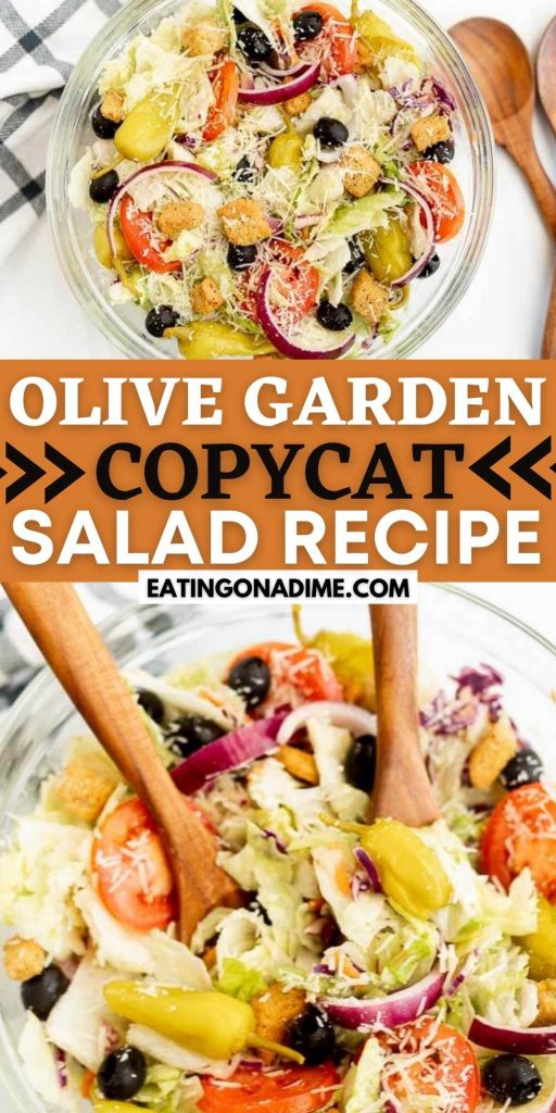 We love making this Copycat Olive Garden Salad Recipe. It is one of our favorites restaurant salad and I am glad I can make it at home. This salad recipe is so easy to make at home and tastes just like the one from Olive Garden! #eatingonadime #saladrecipes #copycatrecipes #olivegardenrecipes 