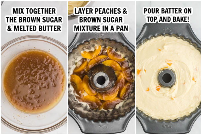 the process of adding the cake mixture and peaches to the bundt pan