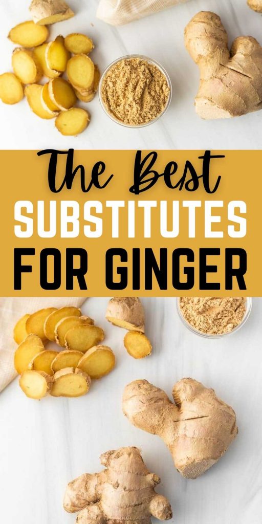 If you are missing your ginger ingredient, here are The Best Ginger Substitutes. Easy options will help you replace this key ingredient. These are great substitutions instead of fresh ginger in your favorite recipes. #eatingonadime #ginger #ingredientsubstitutions #substitutions 
