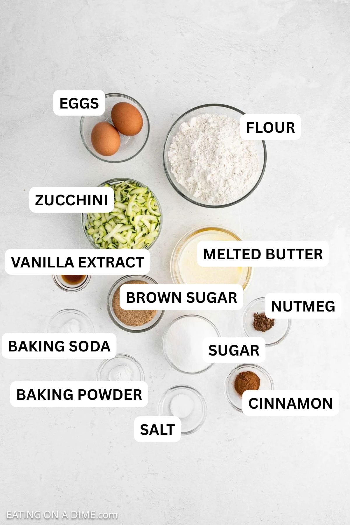 Ingredients needed for this recipe includes flour, salt, baking soda, baking powder, cinnamon, nutmeg, eggs and more.