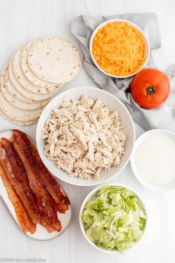 Ingredients needed - chicken, bacon, ranch, lettuce, cheese, tomato, tortillas