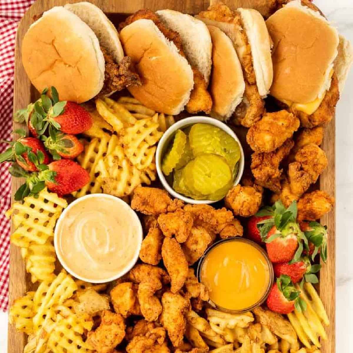 A wooden platter, reminiscent of a Chick-Fil-A Charcuterie Board, boasts chicken sandwiches, waffle fries, crispy fried chicken pieces, strawberries, pickles, and two savory dipping sauces in small bowls. A red and white checkered cloth is artfully draped on the side.