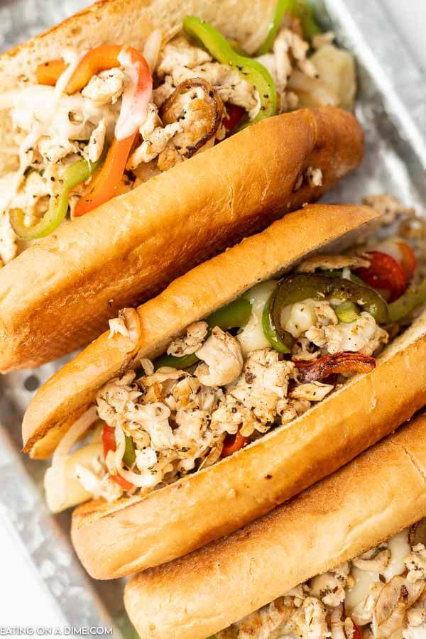 Chicken philly cheesesteaks ready to enjoy. 
