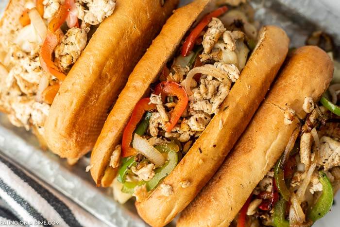 Chicken philly cheesesteaks ready to enjoy. 
