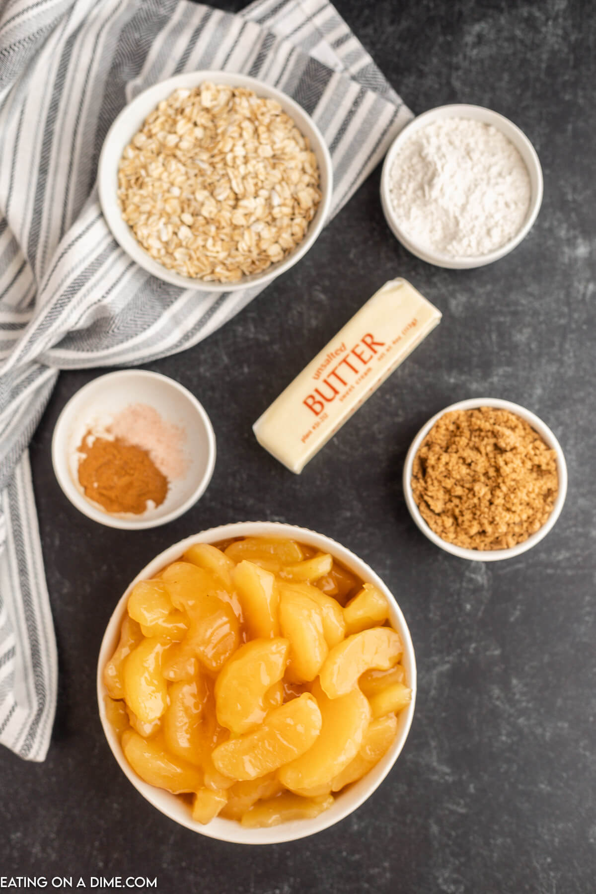 Ingredients needed - apple pie filling, brown sugar, rolled oats, flour, salted butter, cinnamon