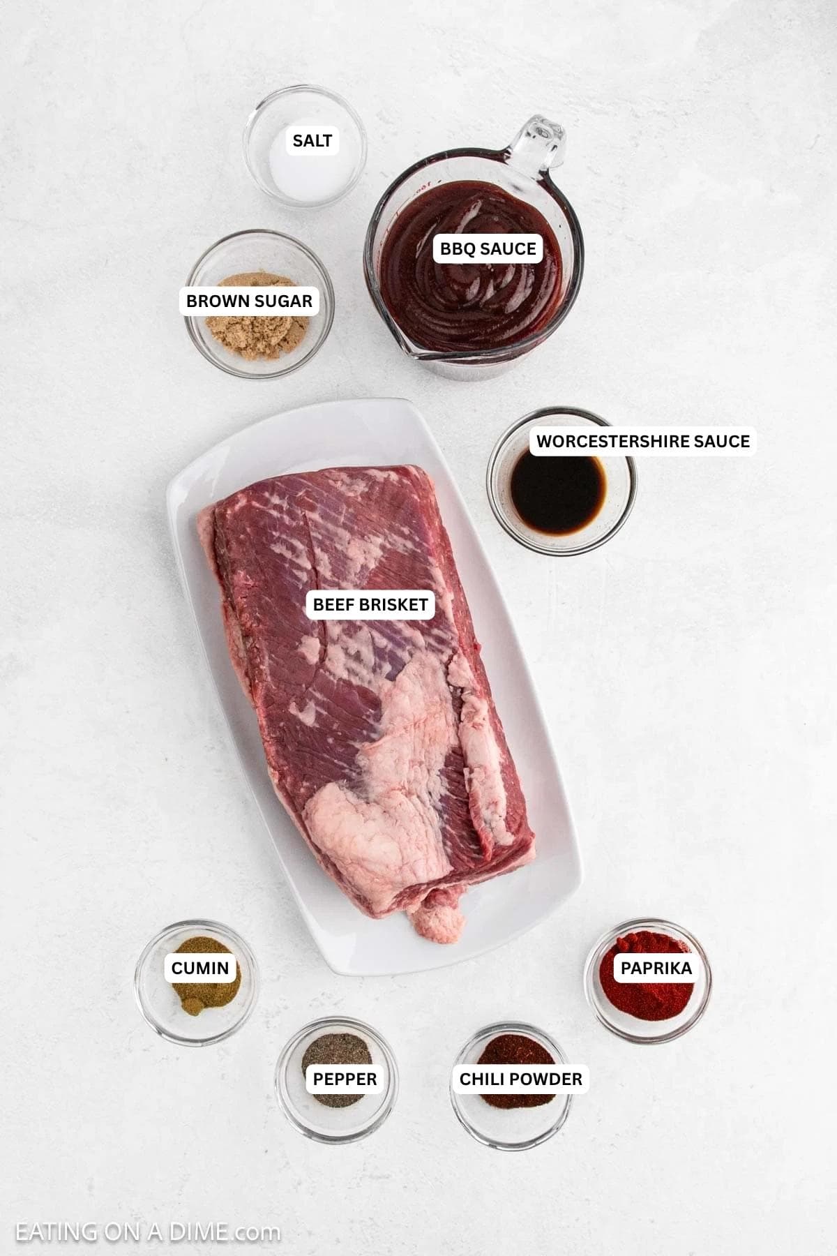 Ingredients for recipe: salt, brown sugar, BBQ Sauce, Worcestershire sauce, beef brisket, cumin, paprika, pepper and chili powder.
