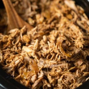Close-up of shredded, seasoned meat being stirred to go with the best pork sides.