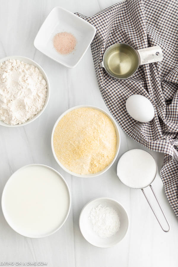 Ingredients needed - flour, cornmeal, white sugar, salt, baking powder, egg, milk, vegetable oil