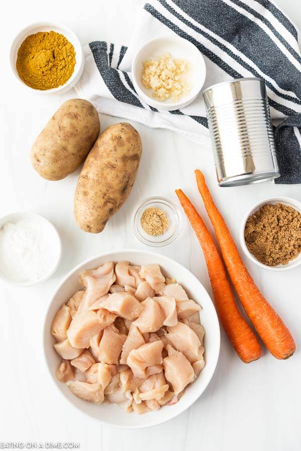 Ingredients needed - chicken breast, potatoes, carrots, curry powder, coconut milk, lime, minced garlic, chicken broth, ginger, brown sugar, salt cornstarch