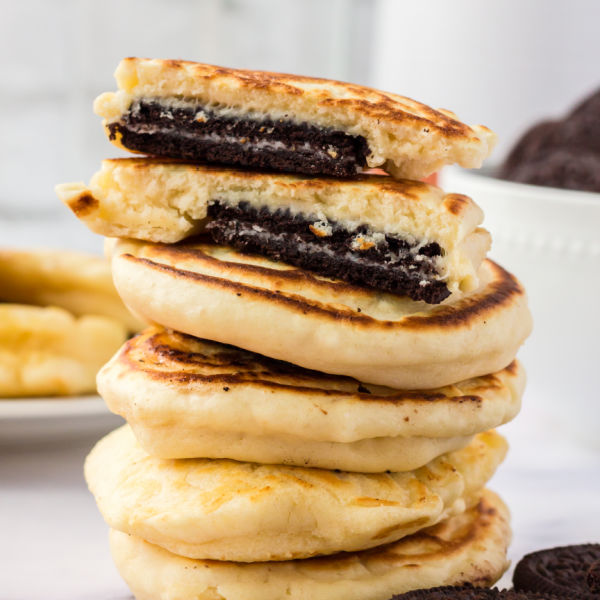 a stack of Oreo pancakes