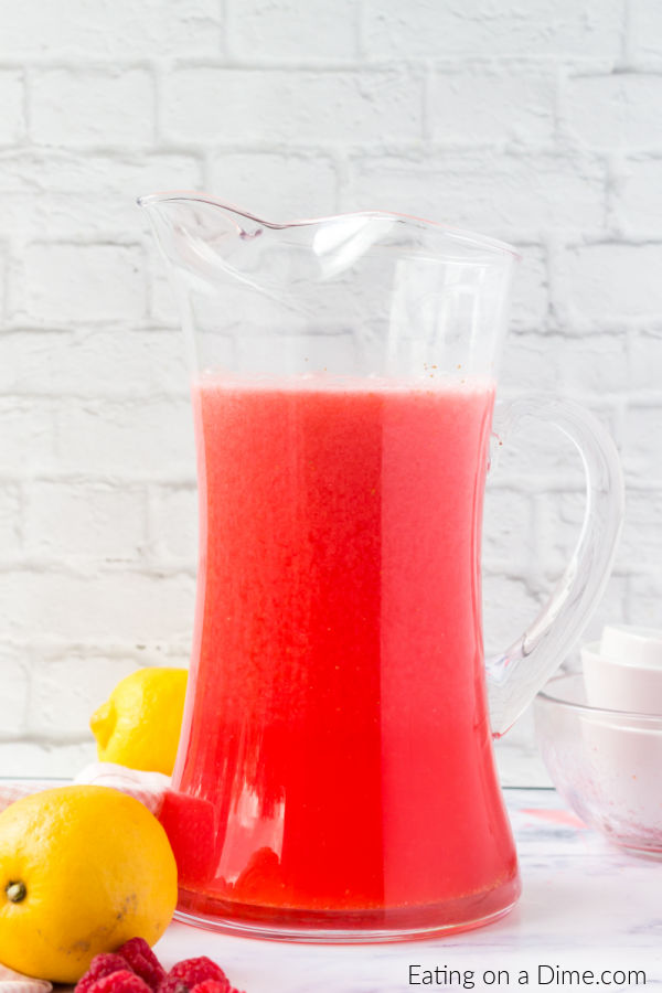 Close up image of Raspberry Lemonade in a pitcher