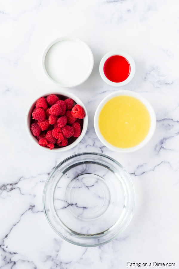Ingredients needed - water, fresh raspberries, lemon juice, raspberry syrup, sugar