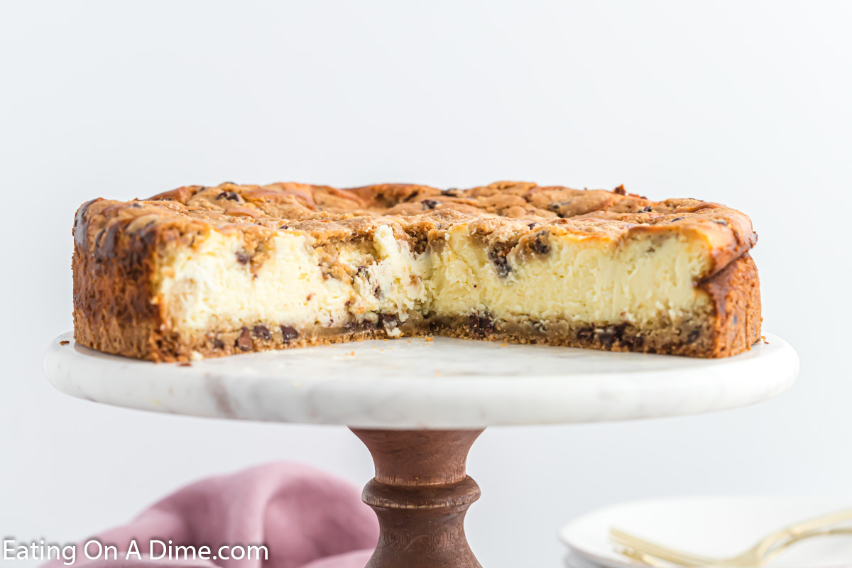 Chocolate Chip Cheesecake on a cake stand