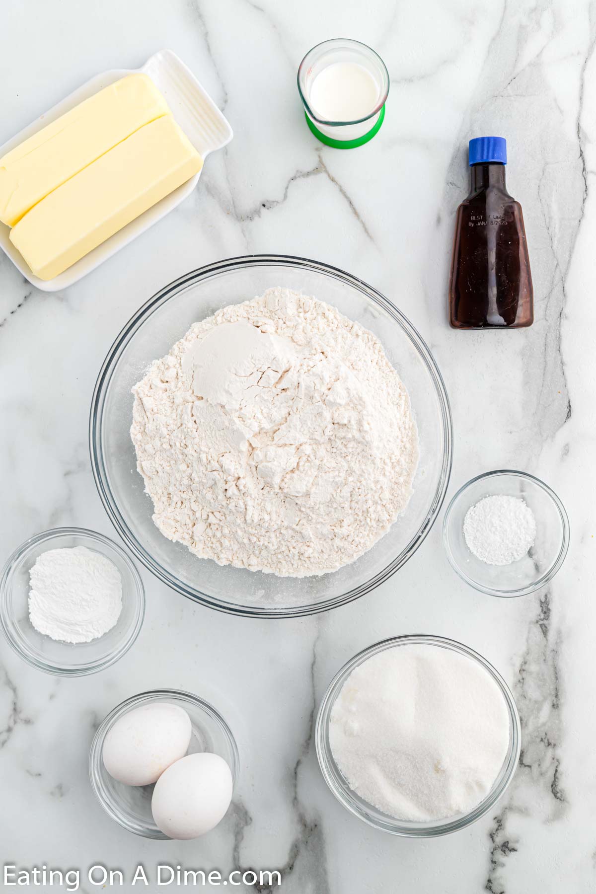 Ingredients needed - butter, sugar, eggs, vanilla, milk, flour, baking powder, salt