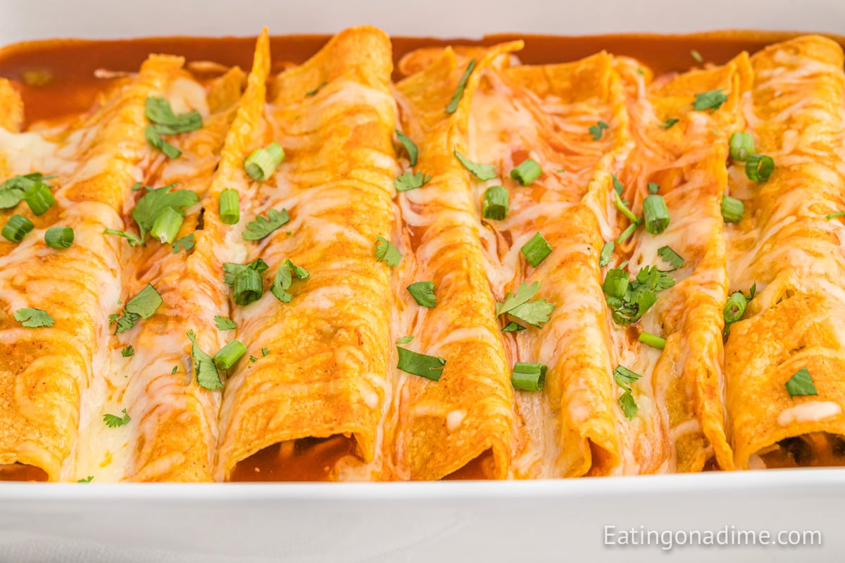 Bean and Cheese Enchiladas in a white casserole dish. 