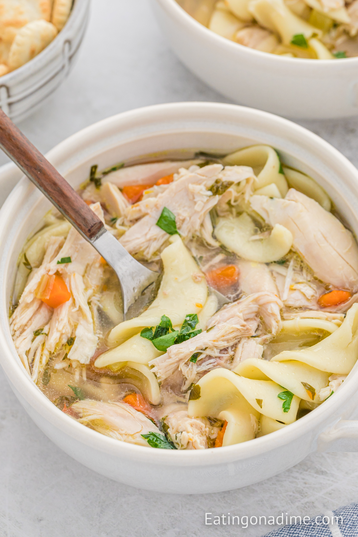 Close up image of chicken noodle soup in a white bowl with a serving on a spoon