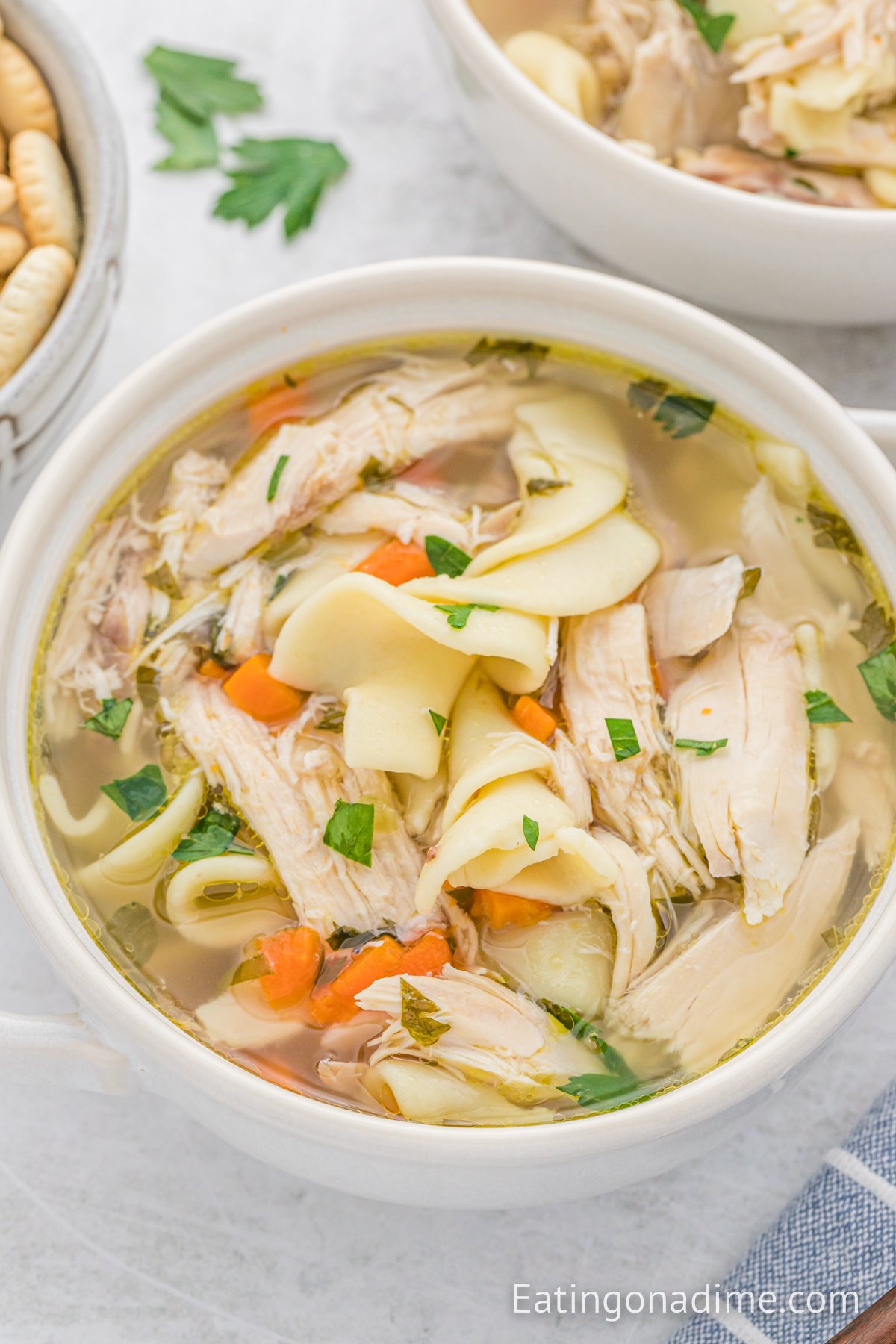 Close up image of chicken noodle soup in a white bowl