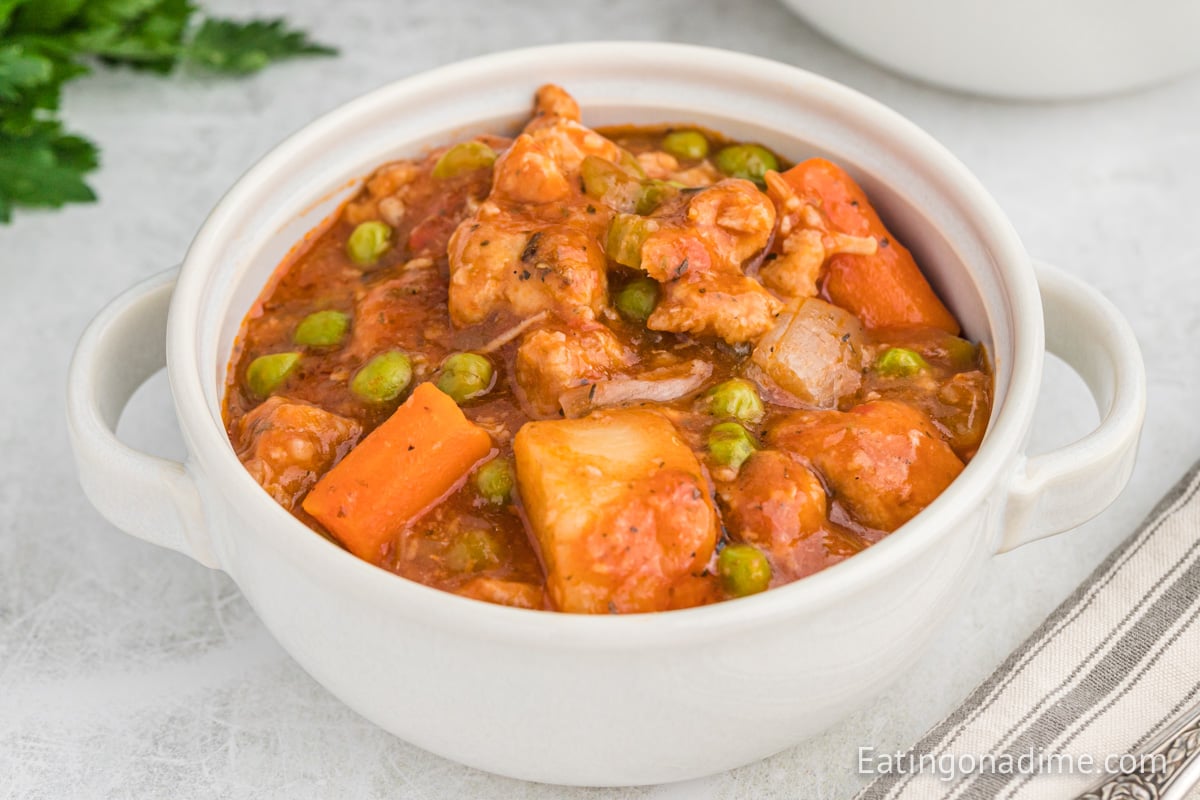 Close up image of pork stew in a white bowl