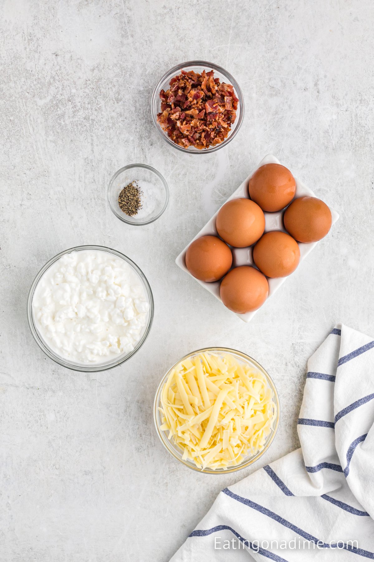 the ingredients needed large eggs, bacon, cottage cheese, shredded gruyere cheese, salt and pepper