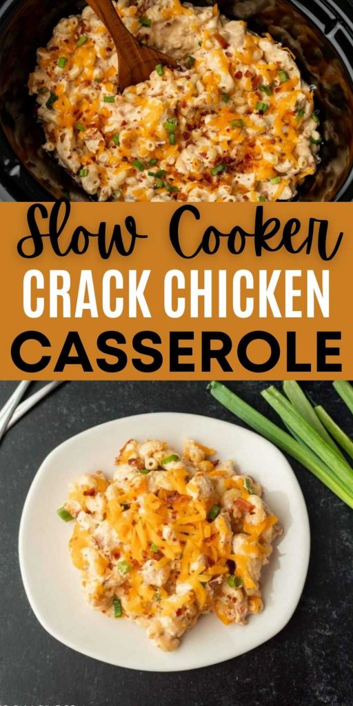 Crock Pot Crack Chicken Casserole Recipe is creamy and delicious. It is loaded with cream cheese, bacon and ranch flavor. It is a family favorite. The entire family will love this crack chicken with pasta.  It’s easy to make and packed with tons of flavor too! #eatingonadime #crockpotrecipes #slowcookerrecipes #chickenrecipes #crackchicken 
