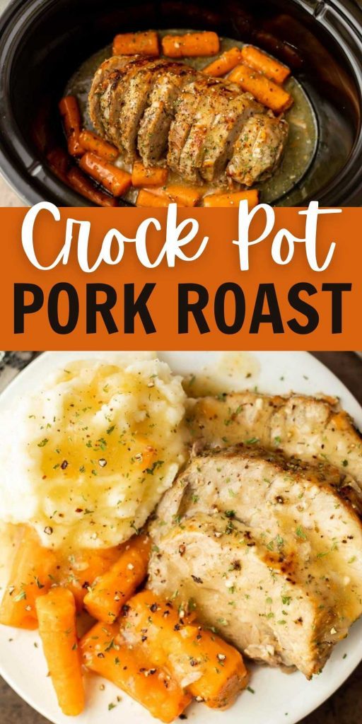 This Crock Pot Pork Roast is tender and delicious with very little work. The pork falls apart from being slow cooked all day and taste amazing.  Learn how to make this slow cooker pork roast with vegetables and with gravy.  It’s easy to make and delicious too! #eatingonadime #crockpotrecipes #slowcookerrecipes #porkrecipes 
