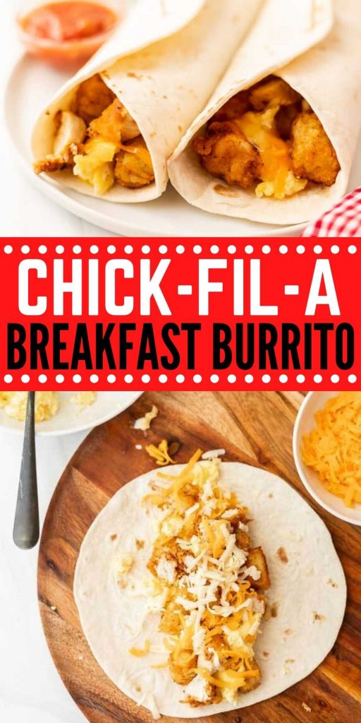 Making Chick-Fil-A Breakfast Burritos is our favorite breakfast idea. This copycat recipe is loaded with chicken nuggets and tator tots. You will love this easy copycat breakfast burrito recipe! #eatingonadime #copycatrecipes #chickfilarecipes #breakfastrecipes 
