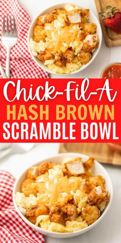 This breakfast bowl is packed full of delicious Chick-fil-a nuggets, hash browns, scrambled eggs and topped with cheese to make a delicious breakfast that the entire family will love. Learn how to make this breakfast bowl at home with this super easy recipe. #eatingonadime #breakfastrecipes #chickfilarecipes #copycatrecipes 