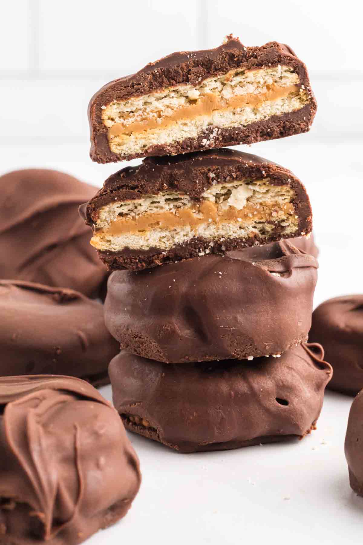 Chocolate Covered Ritz Crackers stacked