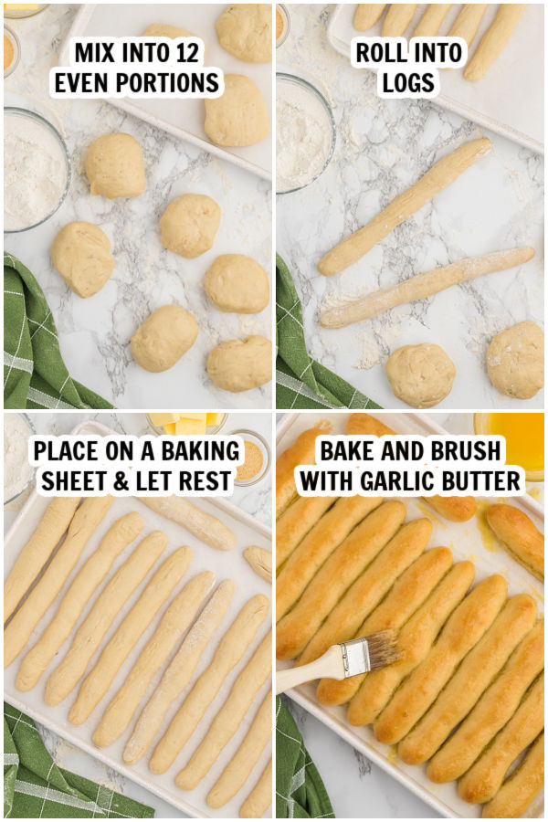 Process photos of shaping the dough into breadsticks. 