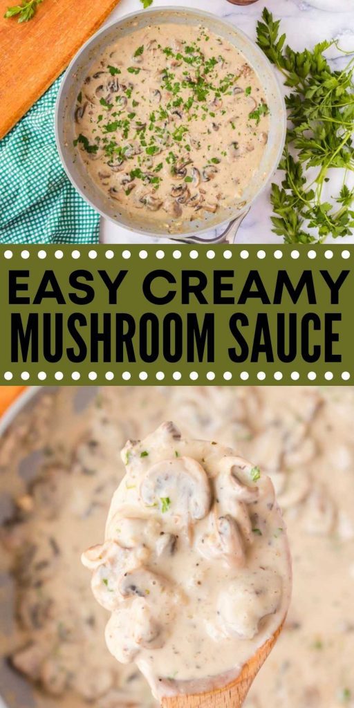 This rich and creamy mushroom sauce is so delicious and packed with flavor. Spoon this tasty sauce over pasta, chicken and more. This mushrooms sauce tastes just like the one from Olive Garden and everyone will love it! #eatingonadime #saucerecipes #mushroomrecipes 

