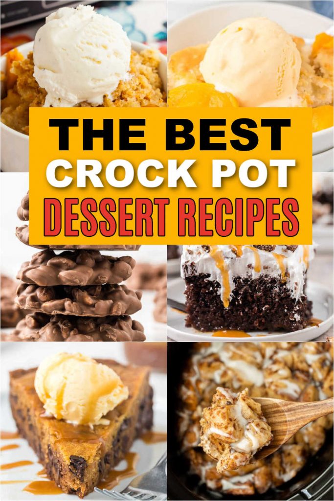 Crock Pot Desserts are so easy to make and delicious too. We have 27 of the best slow cooker dessert recipes to try. From peach cobbler dump cake to chocolate lava cake there is a recipe that everyone will love. #eatingonadime #crockpotdesserts #crockpotrecipes #easydesserts 
