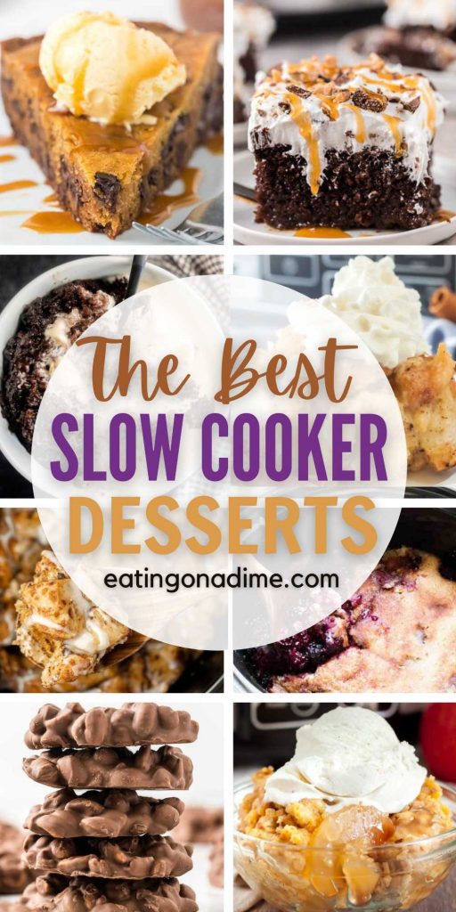 Crock Pot Desserts are so easy to make and the options are endless. We have 27 of the best slow cooker dessert recipes to try. From peach cobbler dump cake to chocolate lava cake there is a recipe that everyone will love. #eatingonadime #crockpotdesserts #crockpotrecipes #easydesserts 
