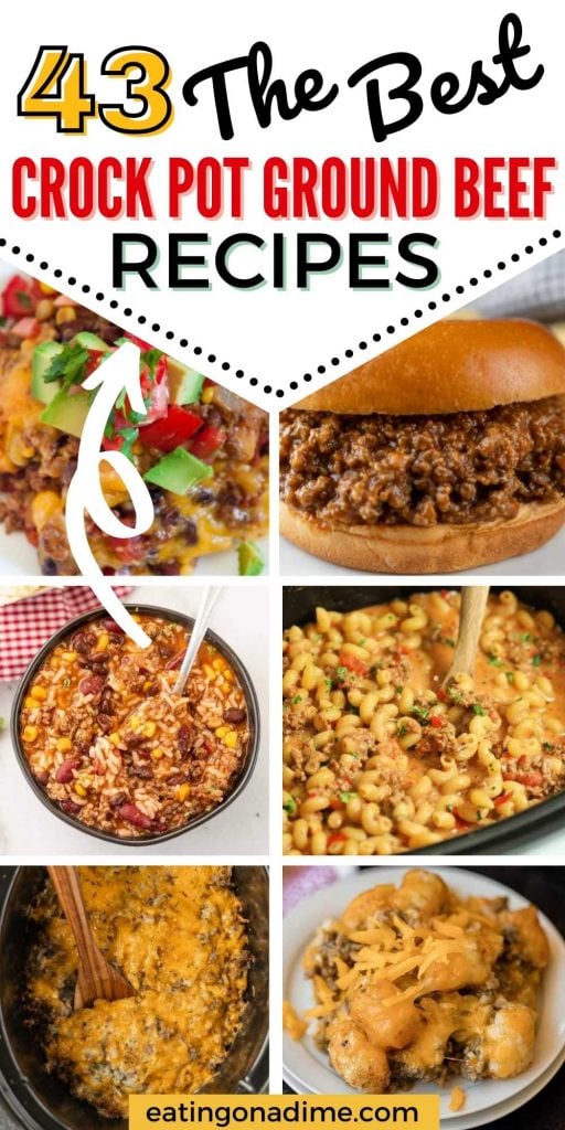 Try these easy Ground beef crock pot recipes on busy days. Lots of tasty ideas from casseroles and soup to meatloaf and more. These crock pot ground beef recipes are great for dinner and are healthy too!  You’ll love this easy entrees ideas. #eatingonadime #crockpotrecipes #slowcookerrecipes #groundbeefrecipes #beefrecipes 
