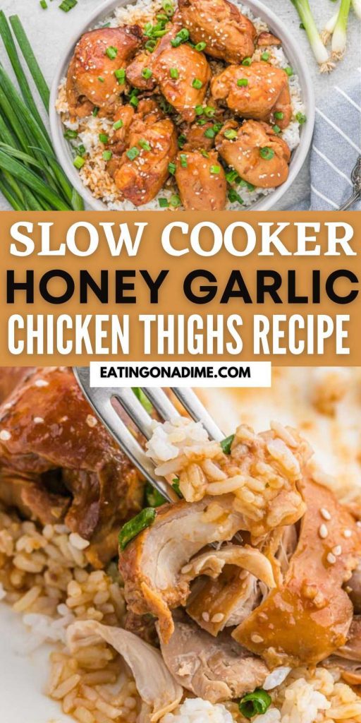 No need to get take out when you can make Crock Pot Honey Garlic Chicken Thighs at home. Garlic and Honey give this recipe amazing flavor. This Slow Cooker Hone Garlic Chicken Thighs is easy to make and tastes amazing too! #eatingonadime #crockpotrecipes #slowcookerrecipes #chickenrecipes #asianrecipes 