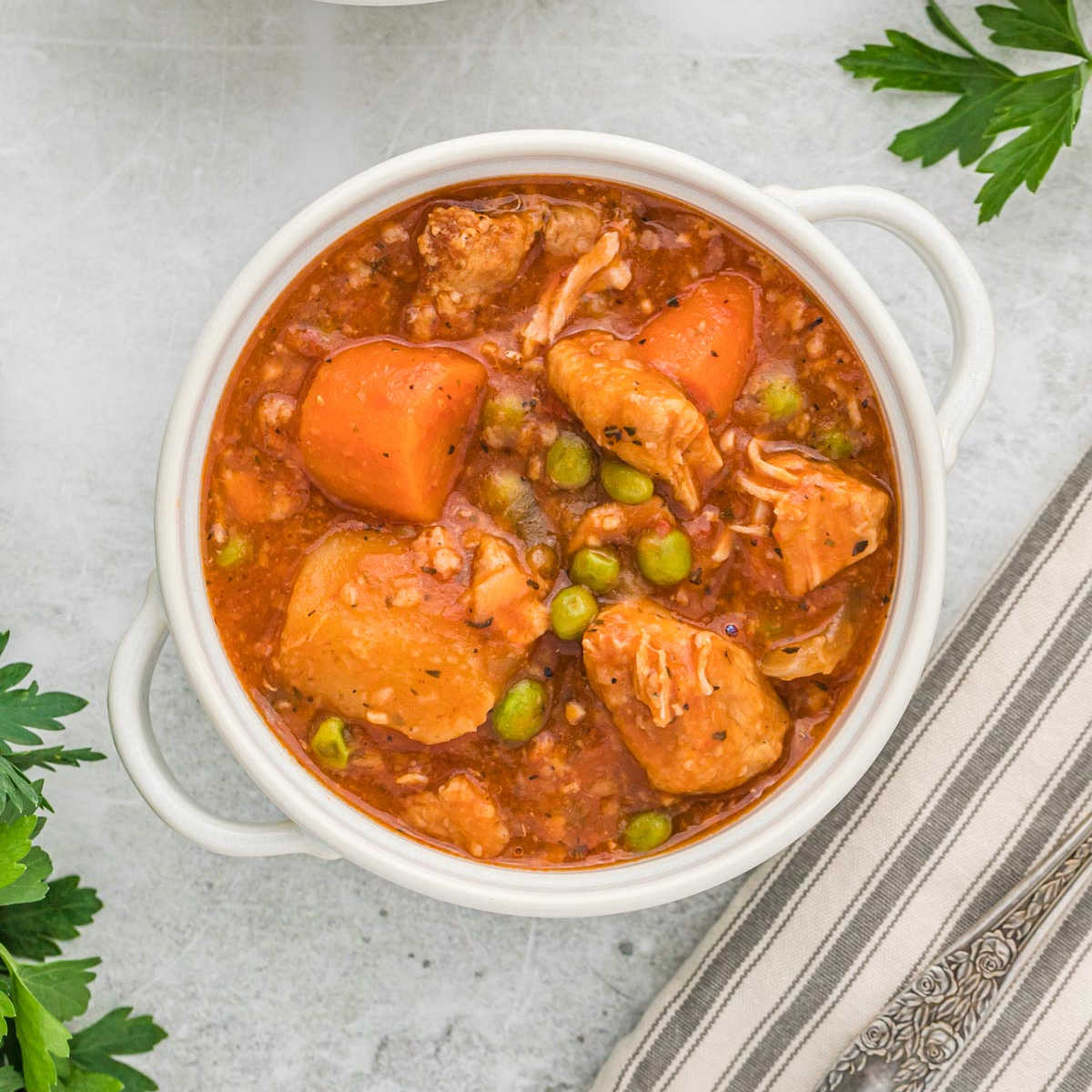 Close up image of pork stew in a white bowl