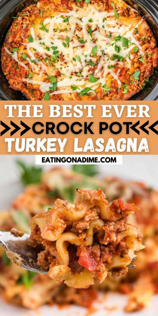 Make lasagna the easy way when you make this amazing Crock Pot Ground Turkey Lasagna Recipe. Let the crockpot do all the work. Slow Cooker Turkey Lasagna is so easy because you don’t have to boil the noodles first!  You’ll love this easy slow cooker recipe. #eatingonadime #crockpotrecipes #slowcookerrecipes #lasagnarecipes 
