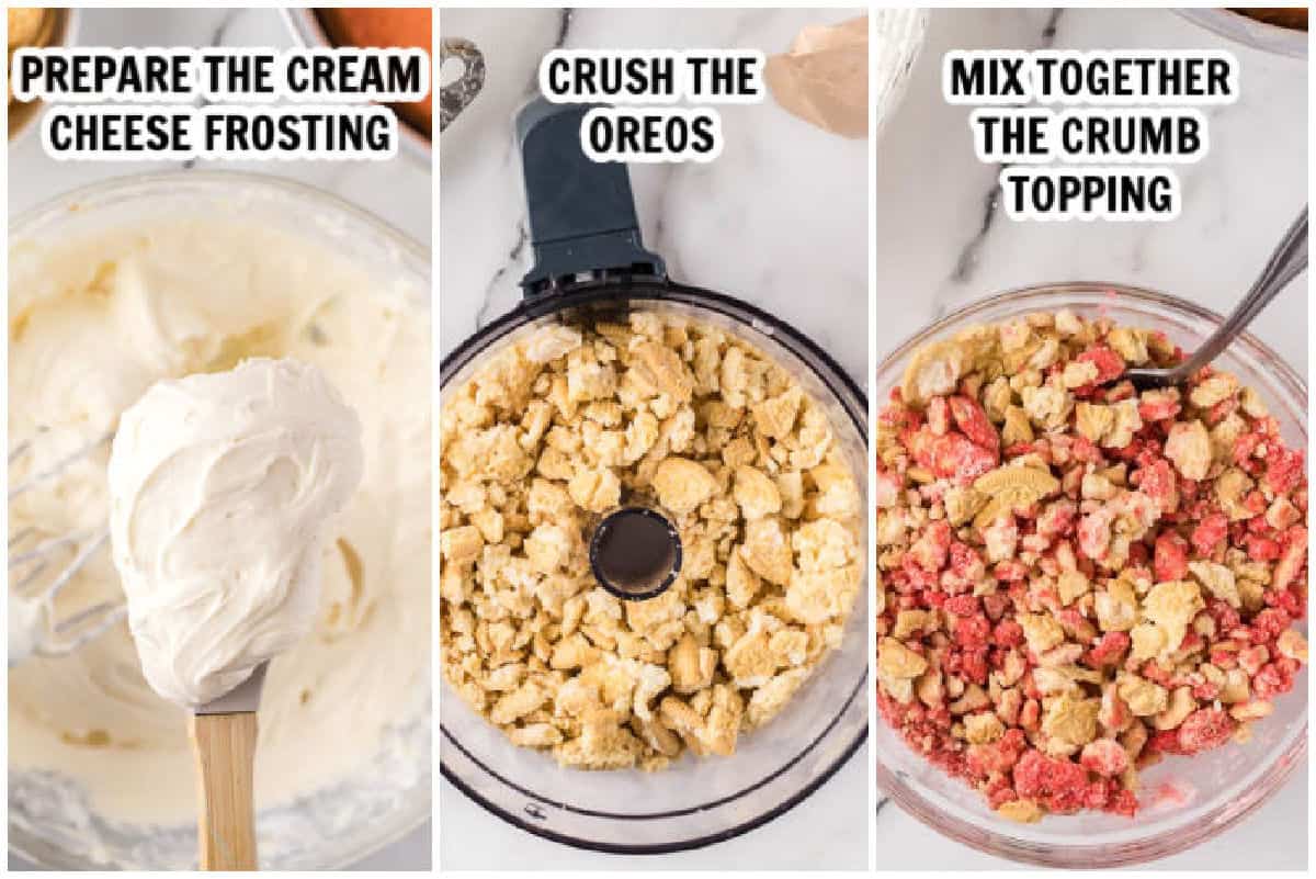 The process of making the frosting and the crumble topping.