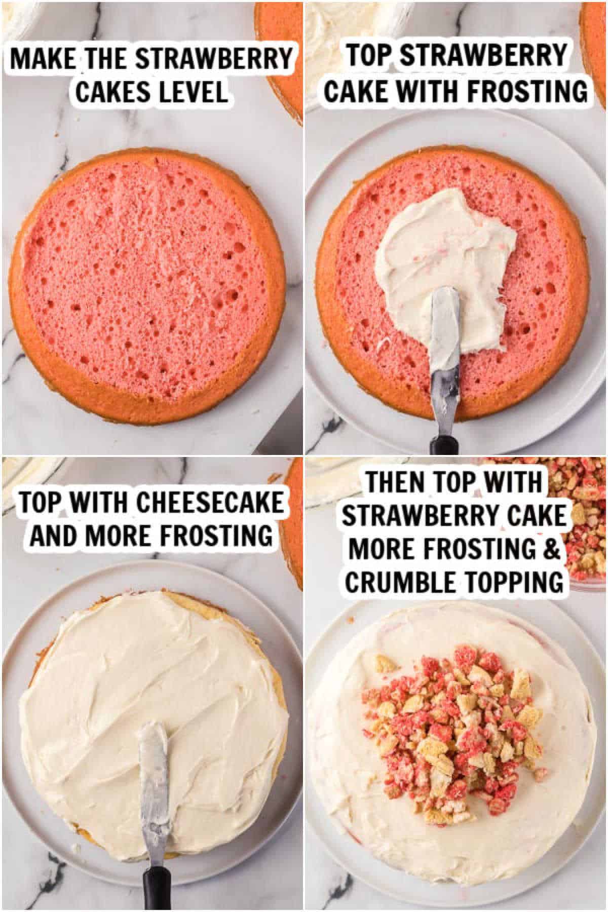 The process of frosting the strawberry cake and adding the crumble topping.