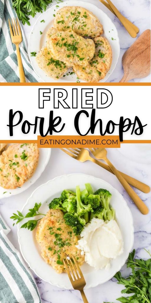 These country fried pork chops are packed with tons of flavor and easy to make with simple ingredients.  These Southern Fried Pork Chops are easy to make at home and tasty too. #eatingonadime #porkchoprecipes #friedpork #southernfriedfood 
