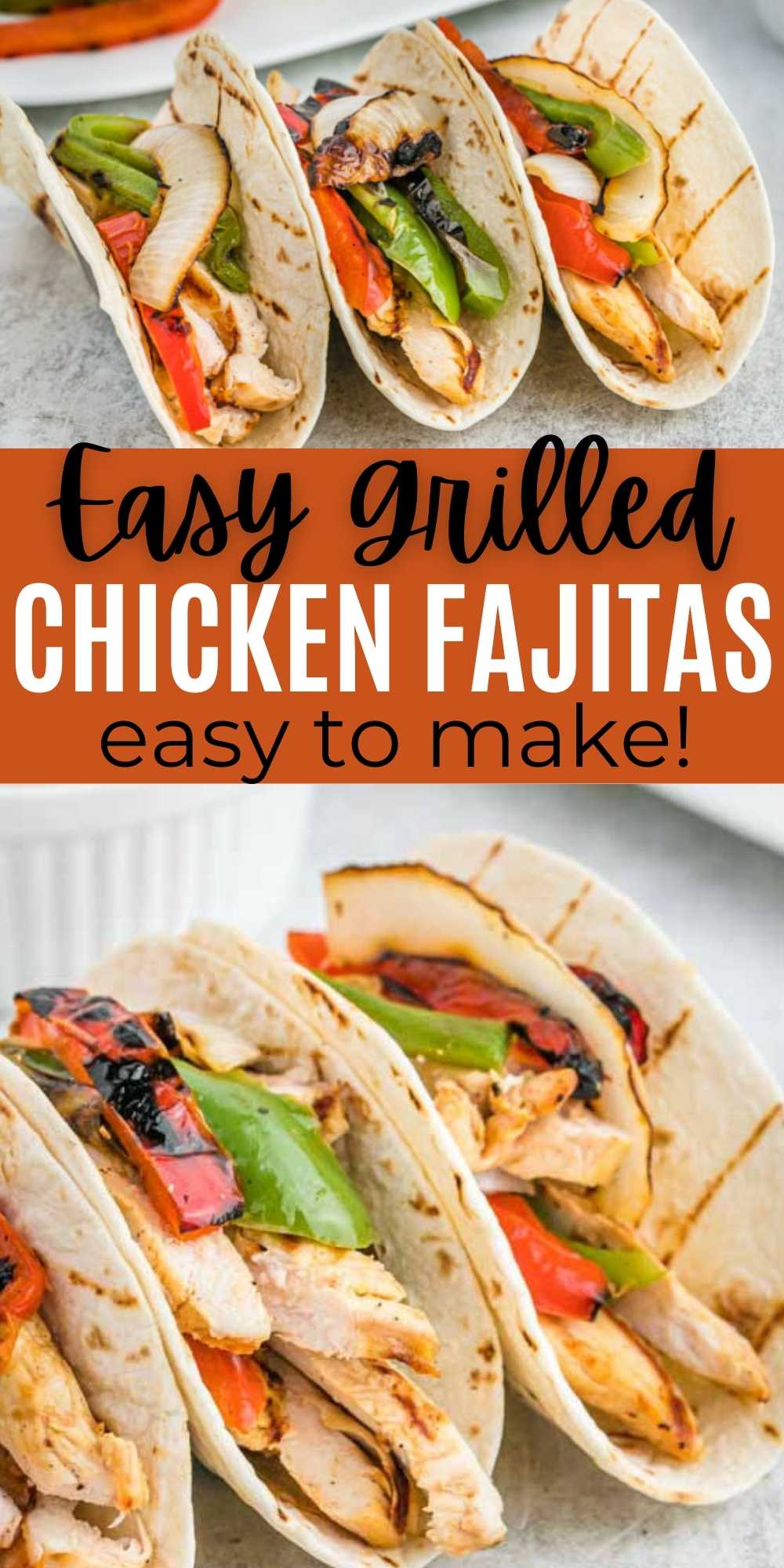 Everything is made on the grill for these quick and easy grilled chicken fajitas with peppers and onions made with fajita seasonings. Learn how to make the marinade and everything else you need for the best chicken fajitas on the grill.  #eatingonadime #grilingrecipes #chickenrecipes #mexicanrecipes 
