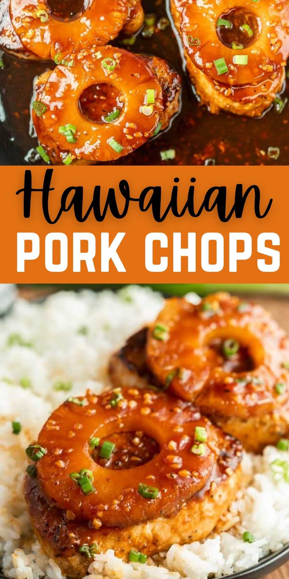 The sweet and tangy flavor of Hawaiian Pork Chops will be a hit. This skillet meal is simple to make and packed with flavor. This easy skillet recipe is simple to make and packed with tons of flavor too! #eatingonadime #porkrecipes #skilletrecipes #hawaiianrecipes 