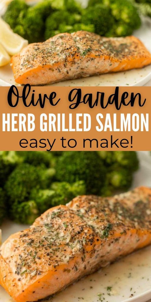 Enjoy Olive Garden Herb Grilled Salmon recipe at home thanks to this simple recipe. It is so easy and the garlic herb butter is delicious. This easy copycat recipe is simple to make at home but tastes just like the one from Olive Garden.  #eatingonadime #copycatrecipes #salmonrecipes #seafoodrecipes 
