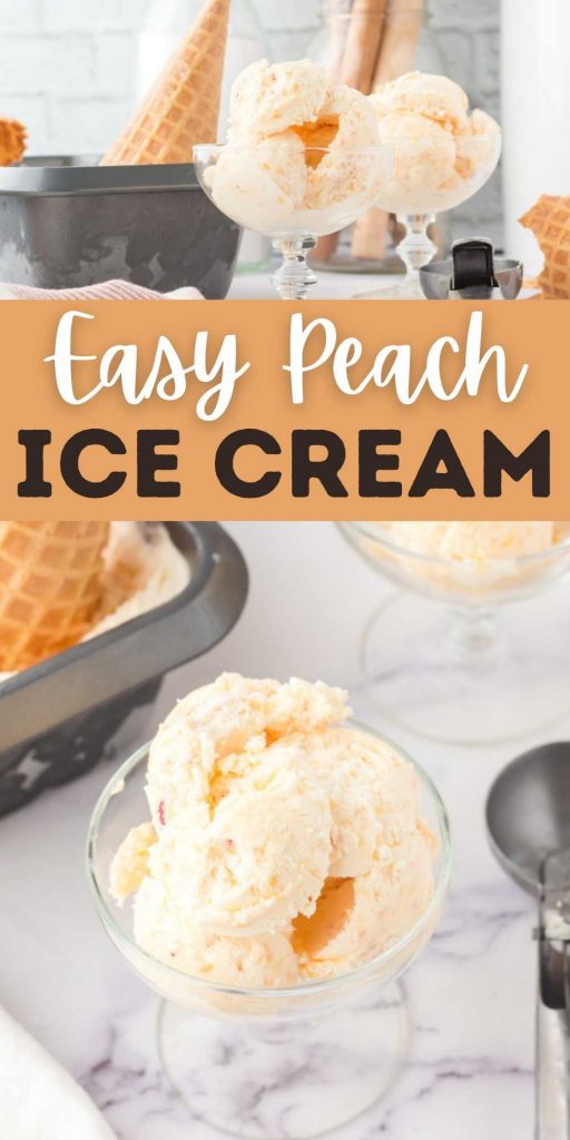If you love peaches, you are going to love this easy no churn peach ice cream recipe!  This easy to make homemade ice cream recipe is only 4 ingredients and super simple to make with no eggs!  This peach ice cream is the perfect summer dessert recipe.  #eaatingonadime #icecreamrecipes #peachesrecipes #easydesserts 
