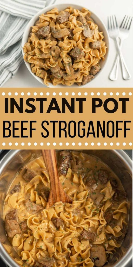 Instant Pot Beef Stroganoff has classic flavors and creamy texture made quickly and easily in the Instant Pot. The perfect weeknight meal. This easy instant pot recipe with stew meat is simple to make and packed with flavor too! #eatingonadime #instantpotrecipes #beefrecipes #easyrecipes 
