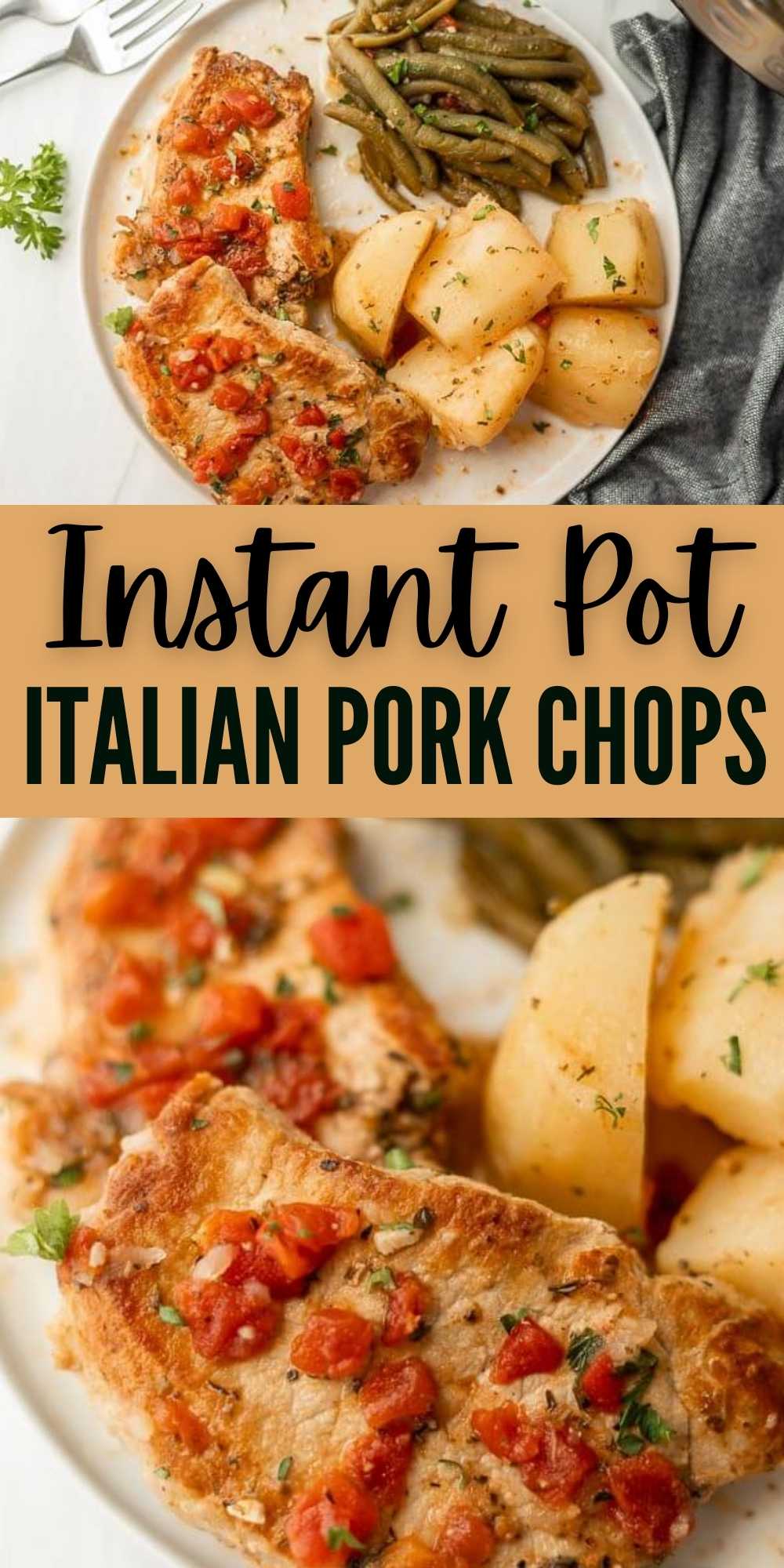 Instant Pot Italian Pork Chops Recipe makes dinner time a breeze. Everything you need for a tasty meal is in the instant pot.  Instant Pot Pork Chops are easy to make and delicious too! #eatingonadime #instantpotrecipes #porkrecipes #porkchoprecipes #pressurecookerrecipes 
