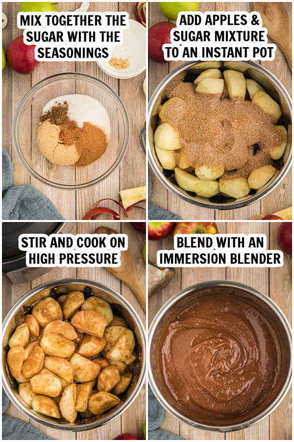 Process of combining seasoning and apples and cooking. 