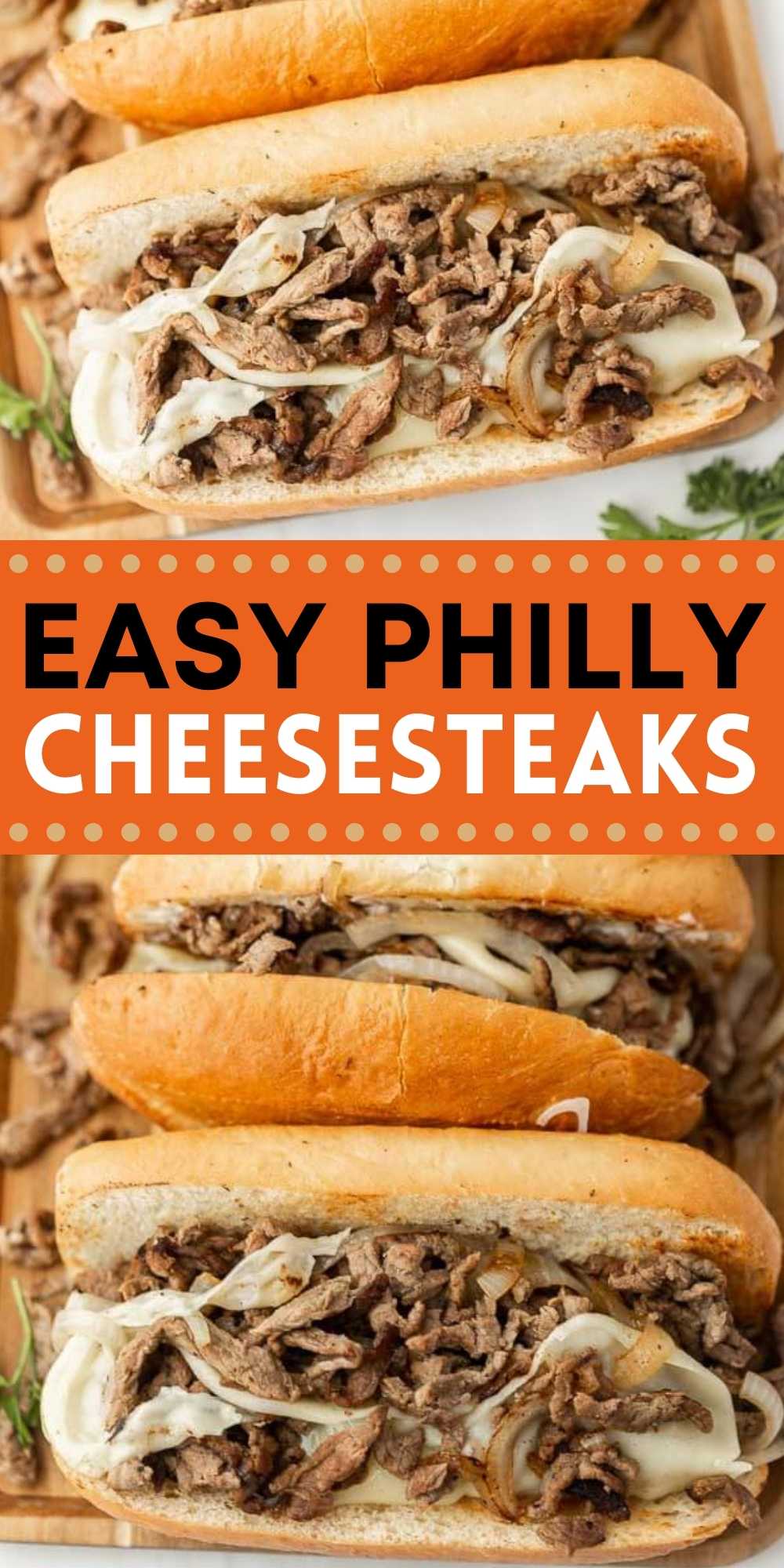 Tender steak topped with sautéed onions and gooey cheese make these Philly cheesesteaks amazing. Get dinner on the table in minutes. This Philly cheesesteak sandwich is easy to make at home with this simple recipe and the entire family will love them! #eatingonadime #phillyrecipes #cheesesteakrecipes #steakrecipes #sandwichrecipes 
