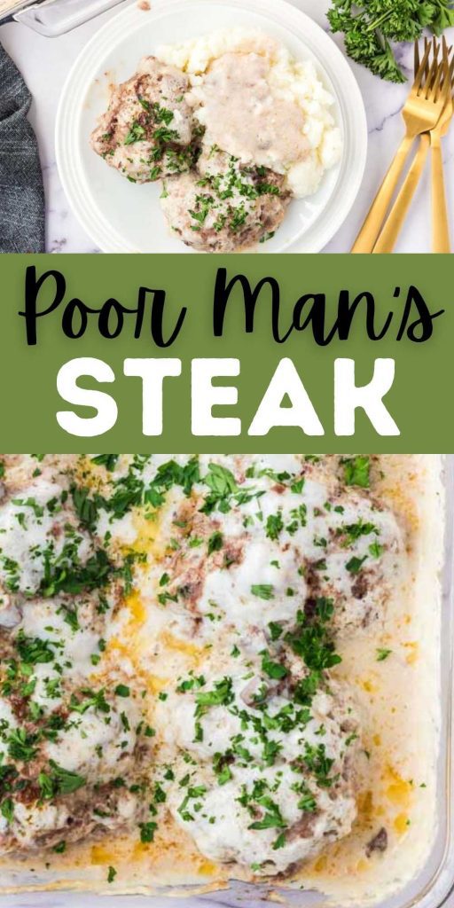 Poor Man's Steak is a recipe that is easy to prepare, hearty and delicious. Ground beef is seasoned and then baked with a layer of gravy. This Amish ground beef steak and gravy recipe is easy to make and packed with tons of flavor too! #eatingonadime #groundbeefrecipes #easydinners #steakrecipes 
